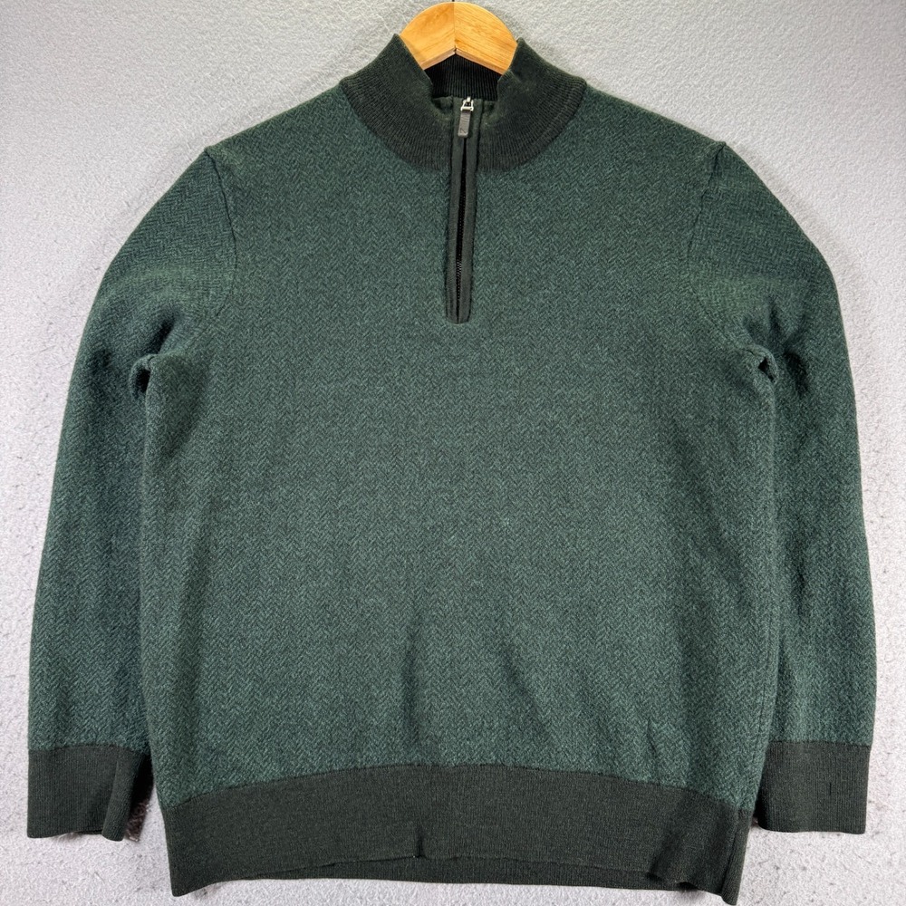 Untuckit Merino Wool Sweater Adult Large Green Herringbone Quarter Zip Comfort